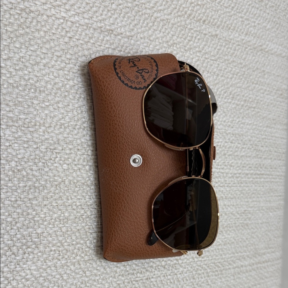 Ray-Ban Brown Leather Sunglasses Pouch with Gold-Trim Aviator Shades